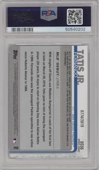 Fernando Tatis Jr. from the 2019 Topps Update  set featuring a Gold parallel graded by PSA and given an overall grade of 10.