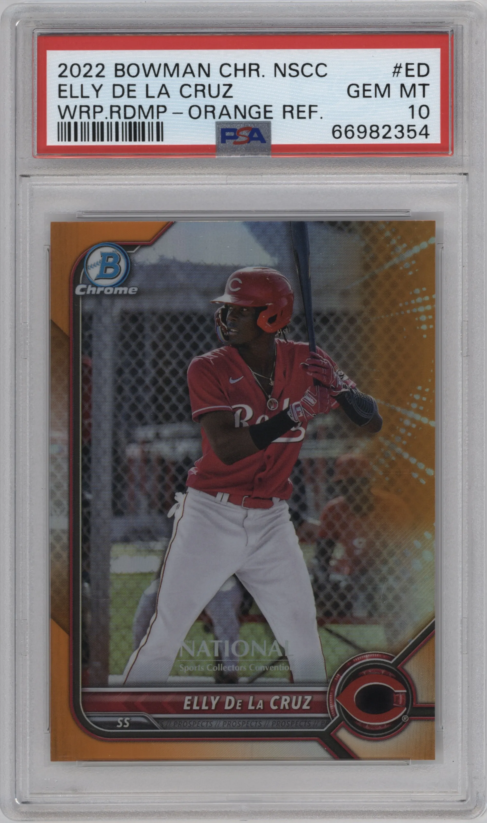 Elly De La Cruz from the 2022 Topps NSCC Bowman Chrome set featuring a Orange parallel graded by PSA and given an overall grade of 10.
