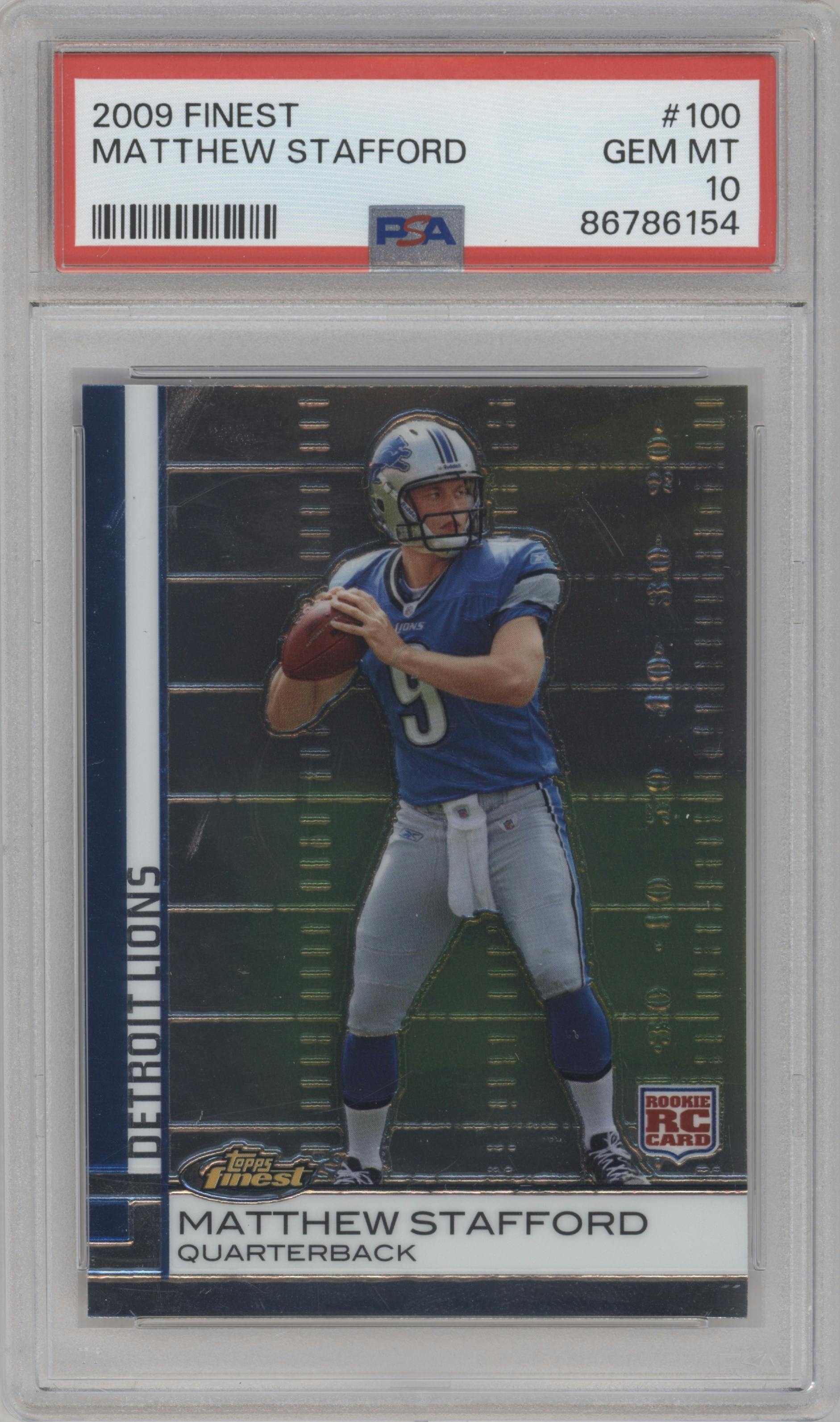 Matthew Stafford from the 2009 Topps Finest set graded by PSA and given an overall grade of 10.