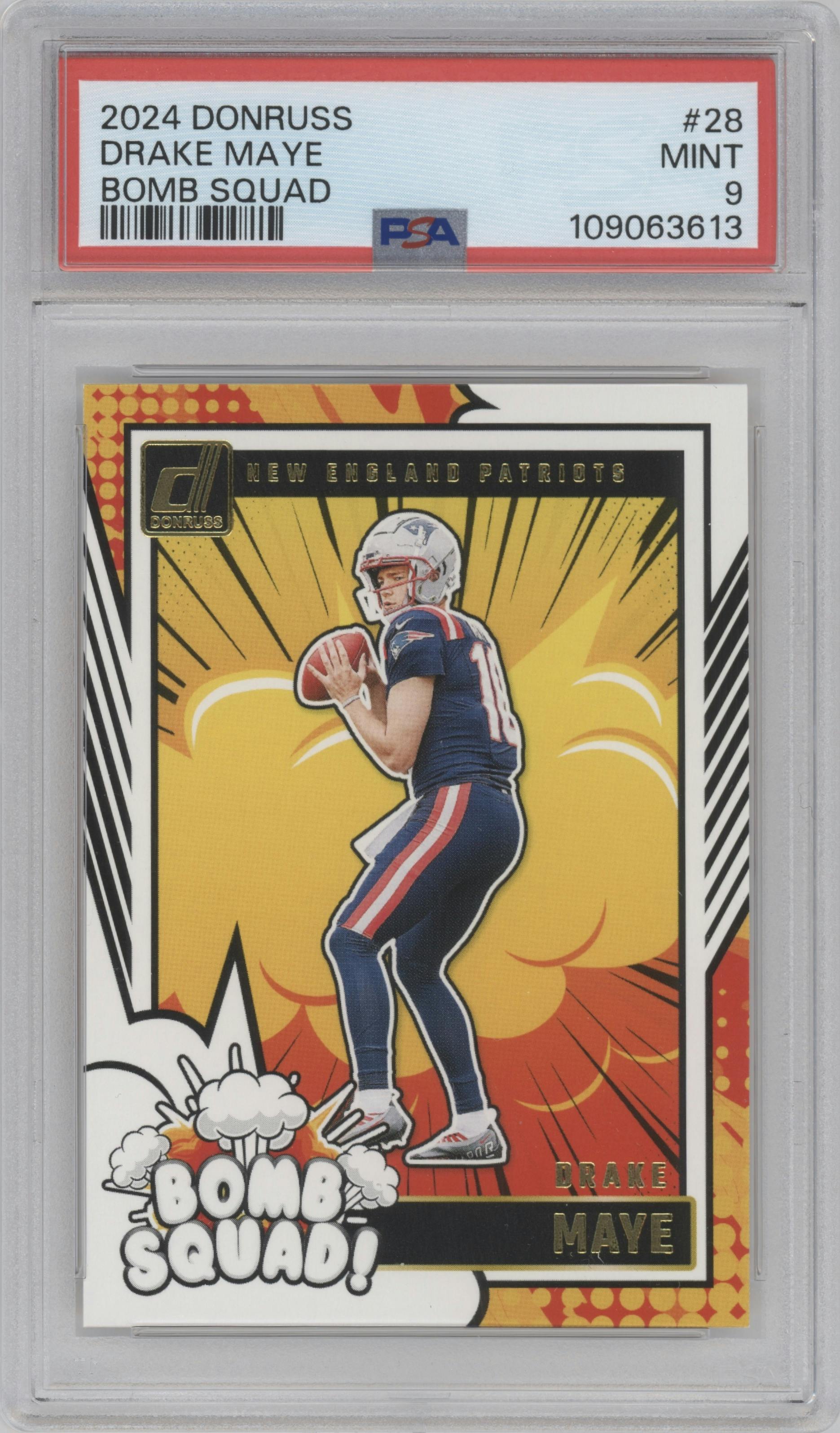 Drake Maye from the 2024 Donruss set graded by PSA and given an overall grade of 9.