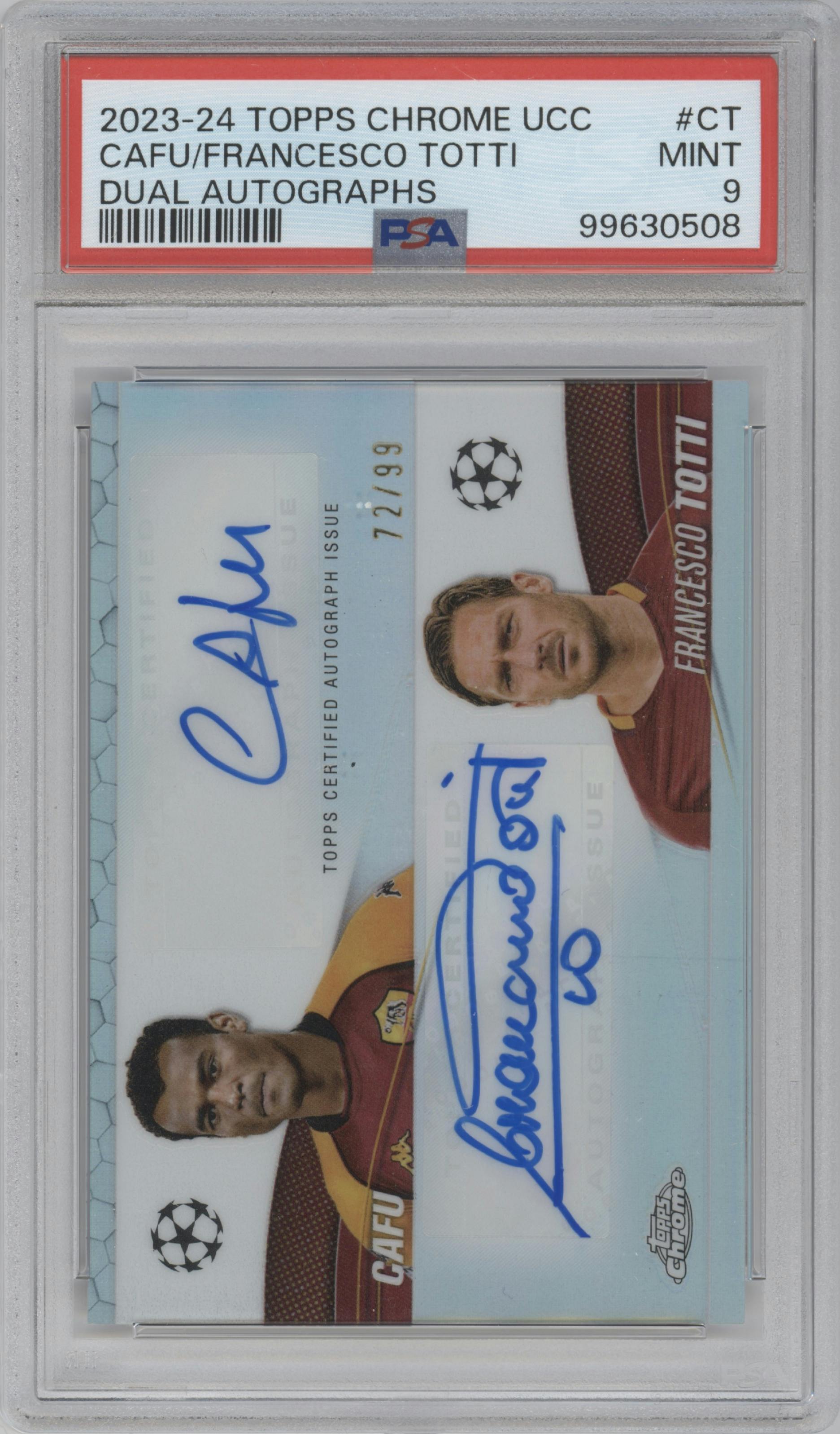 Cafu/Francesco Totti from the 2023-24 Topps Chrome UEFA Club Competitions set graded by PSA and given an overall grade of 9.