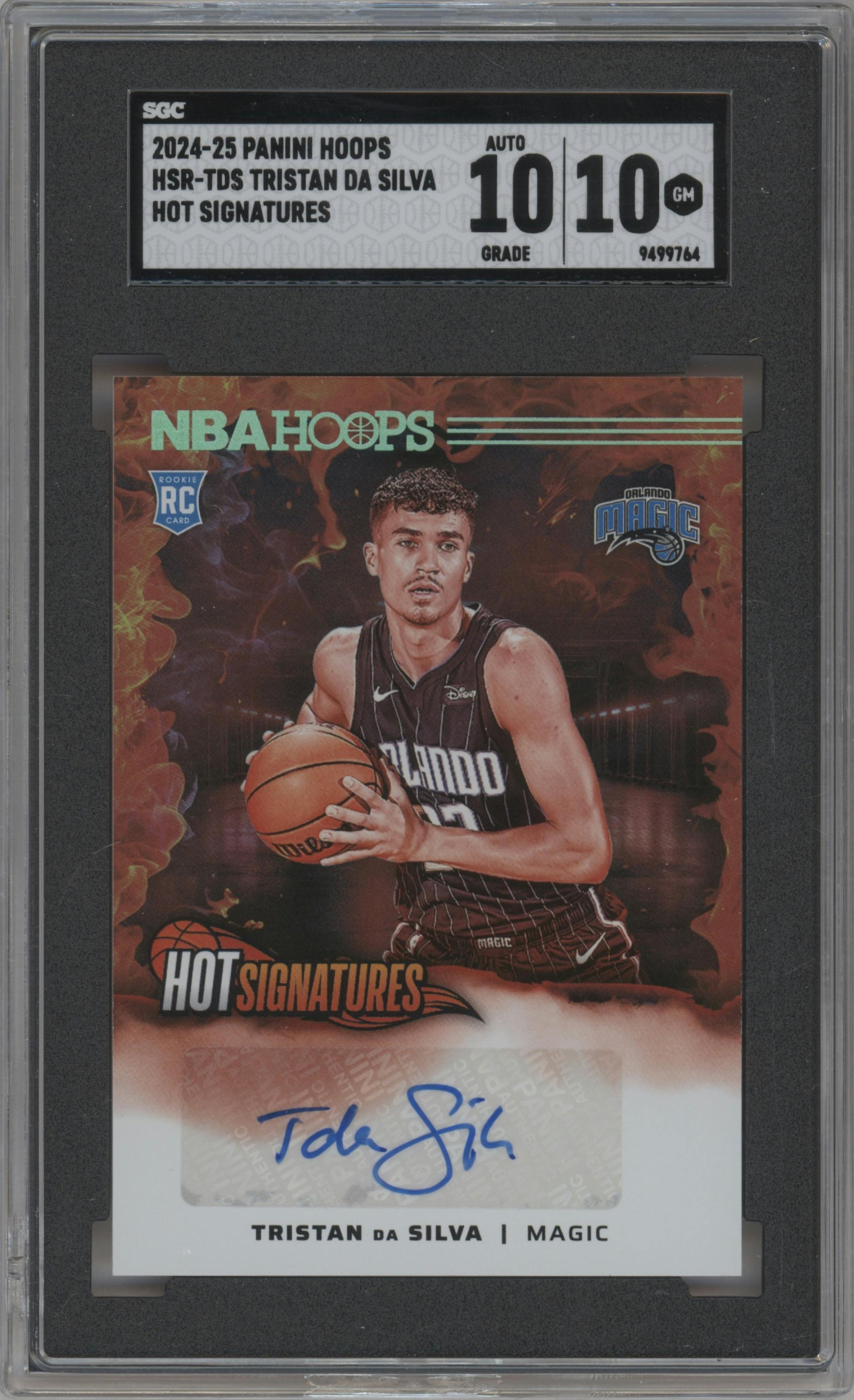 Tristan da Silva from the 2024-25 Panini NBA Hoops set graded by SGC and given an overall grade of 10.