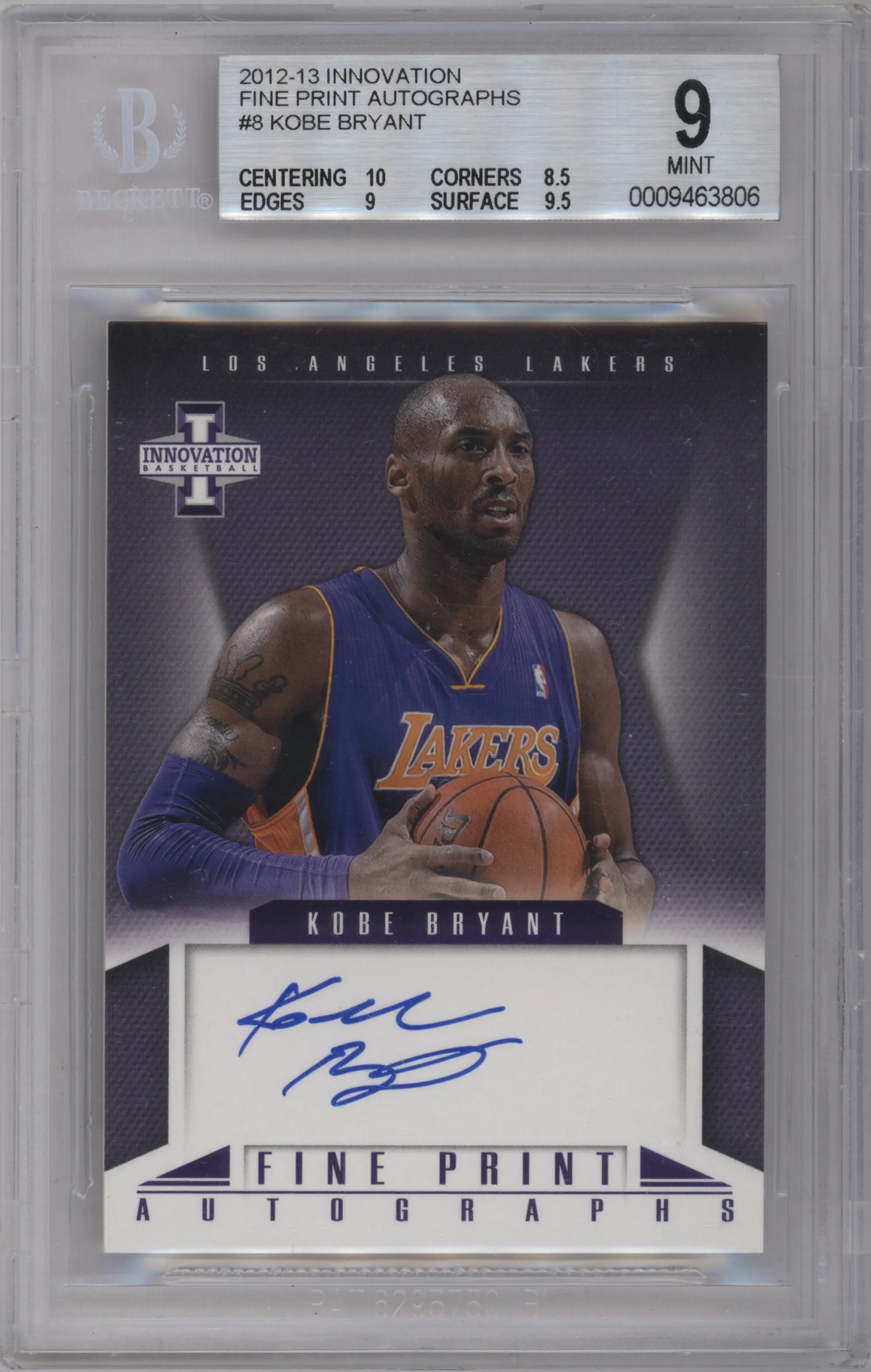 Kobe Bryant from the 2012-13 Panini Innovation set graded by Beckett and given an overall grade of 9.