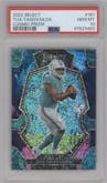 Tua Tagovailoa from the 2022 Panini Select set featuring a Cosmic Prizm parallel graded by PSA and given an overall grade of 10.