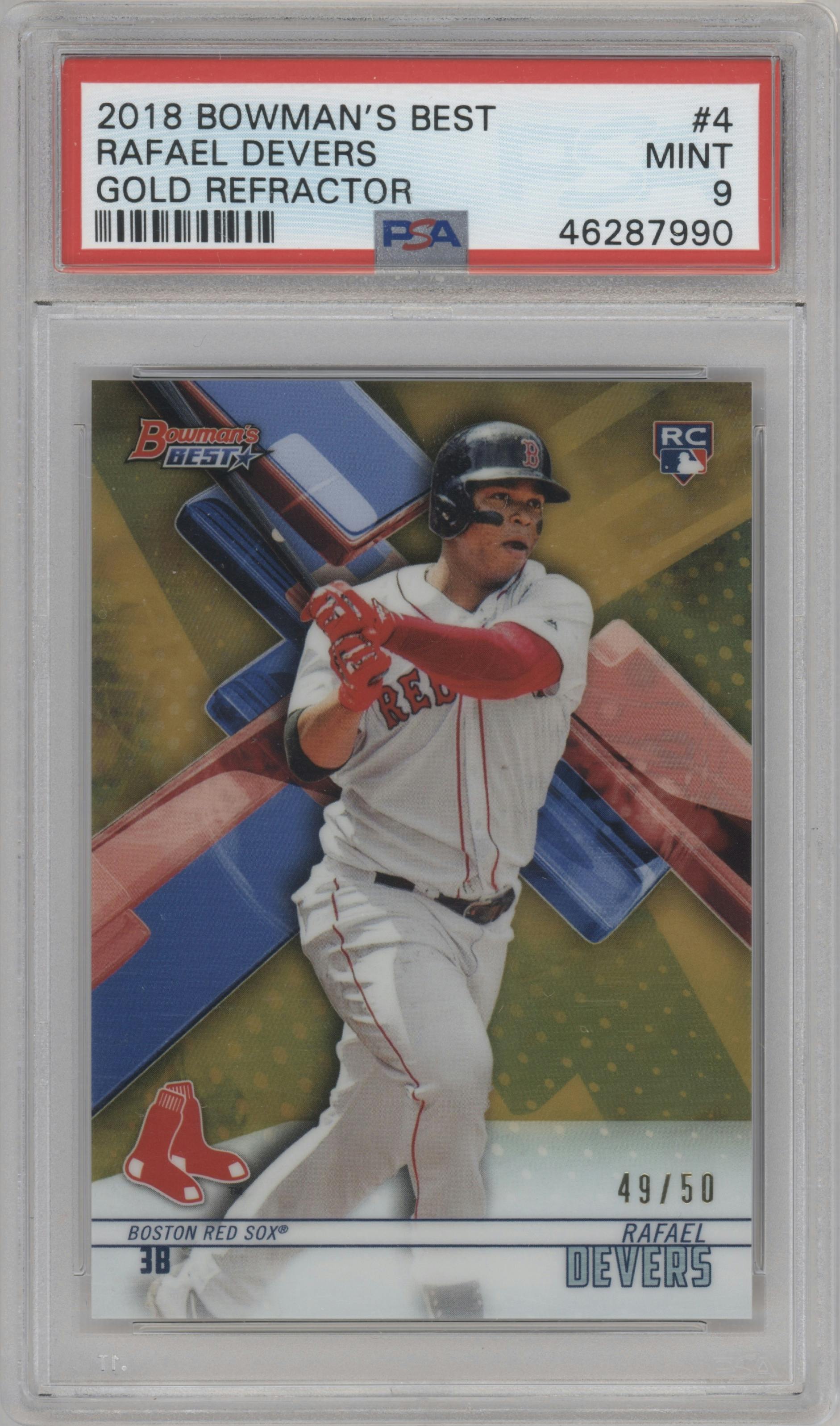 Rafael Devers from the 2018 Bowman’s Best set featuring a Gold Refractor parallel graded by PSA and given an overall grade of 9.