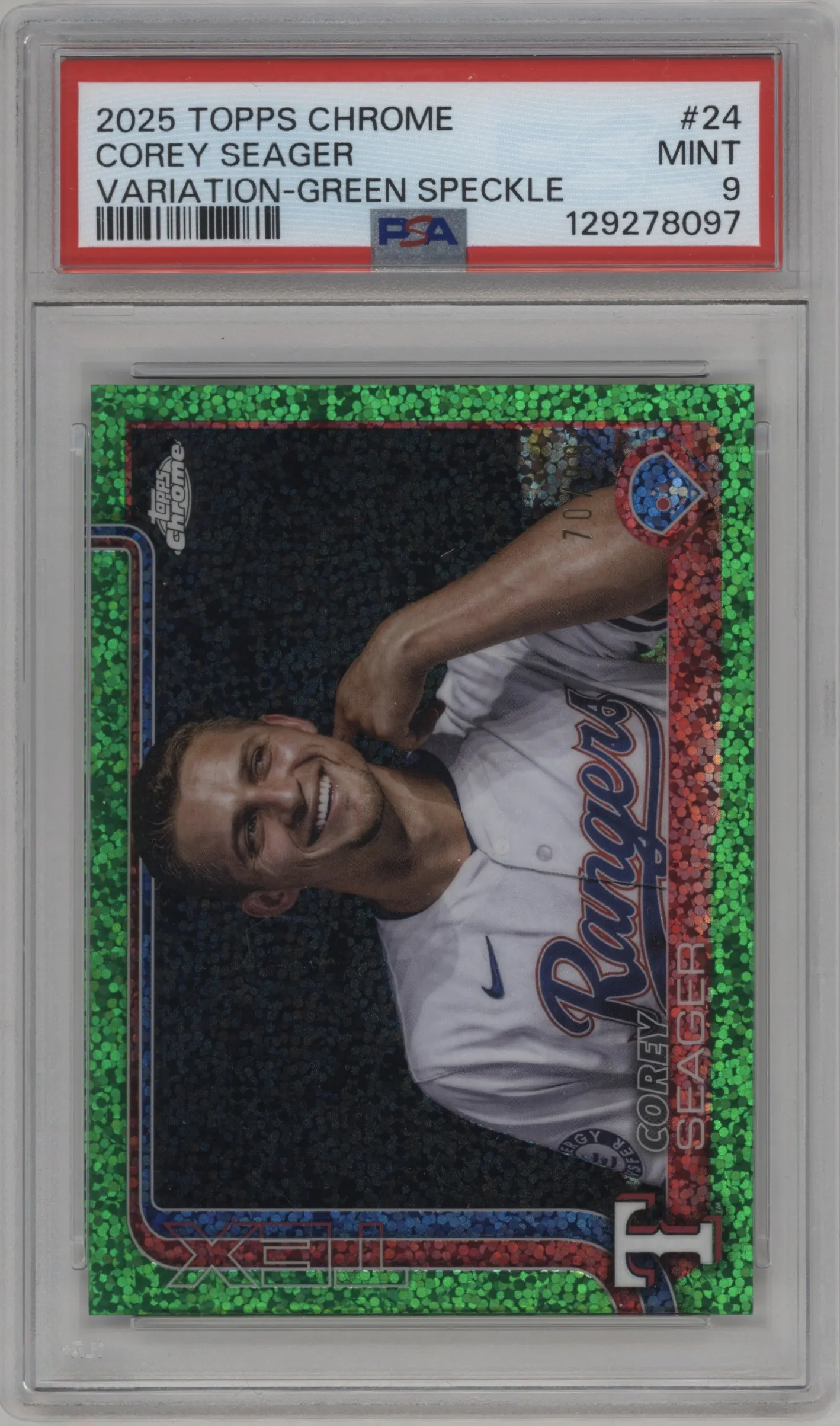 2025 Topps Chrome Image Var. Corey Seager Green Speckle Refractors #24 PSA 9
