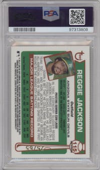 Reggie Jackson from the 2005 Topps Pristine Legends set featuring a Gold Refractor parallel graded by PSA and given an overall grade of 9.