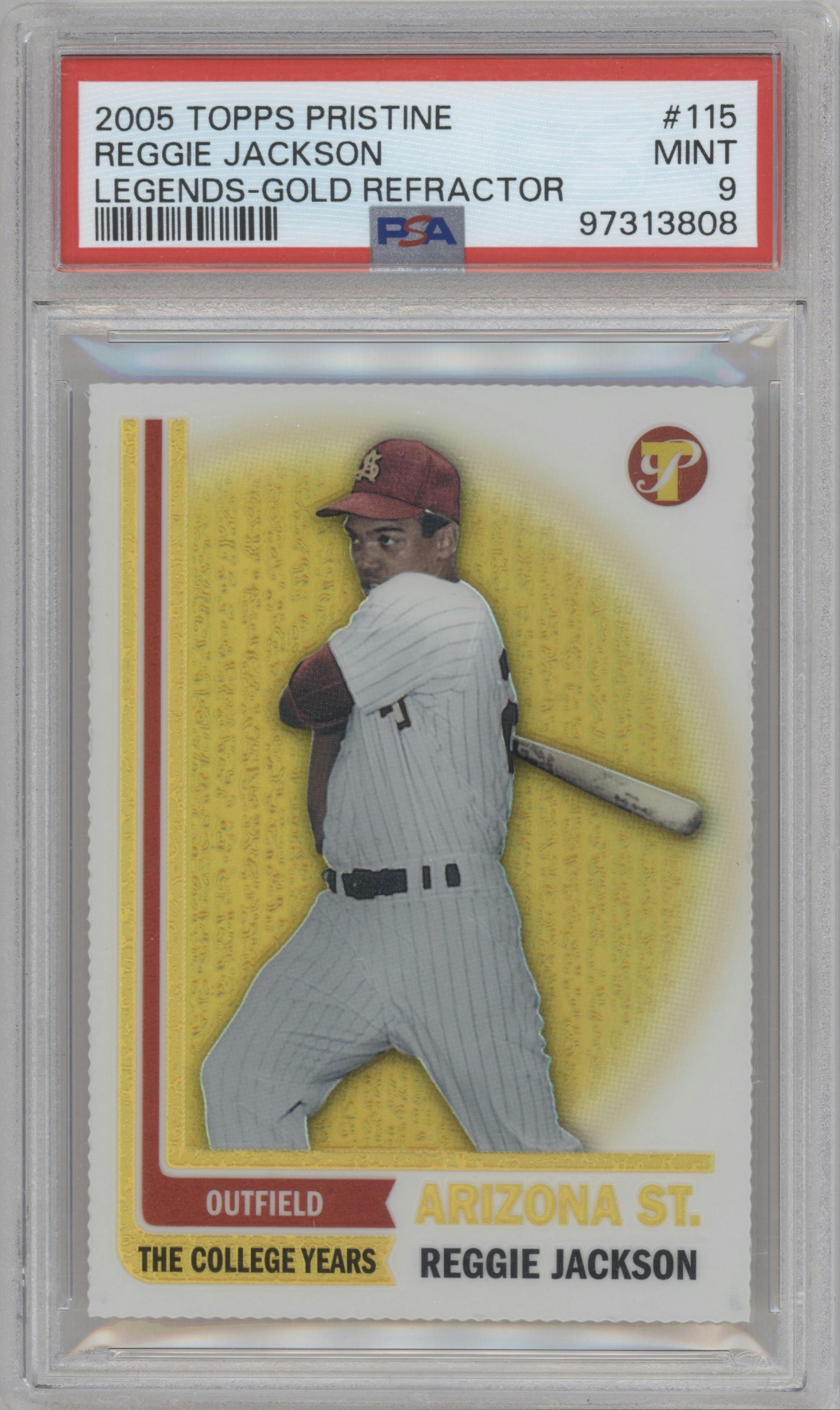 Reggie Jackson from the 2005 Topps Pristine Legends set featuring a Gold Refractor parallel graded by PSA and given an overall grade of 9.
