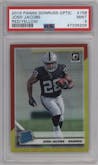 Josh Jacobs from the 2019 Panini Donruss Optic set featuring a Red/Yellow parallel graded by PSA and given an overall grade of 9.