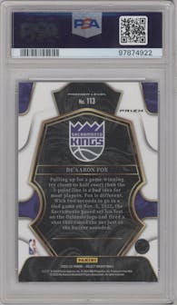 De'Aaron Fox  from the 2022-23 Panini Select set featuring a Elephant Prizm parallel graded by PSA and given an overall grade of 10.