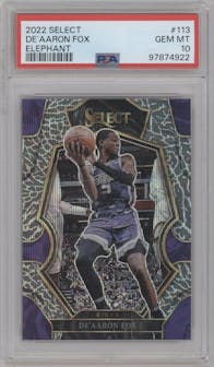 De'Aaron Fox  from the 2022-23 Panini Select set featuring a Elephant Prizm parallel graded by PSA and given an overall grade of 10.