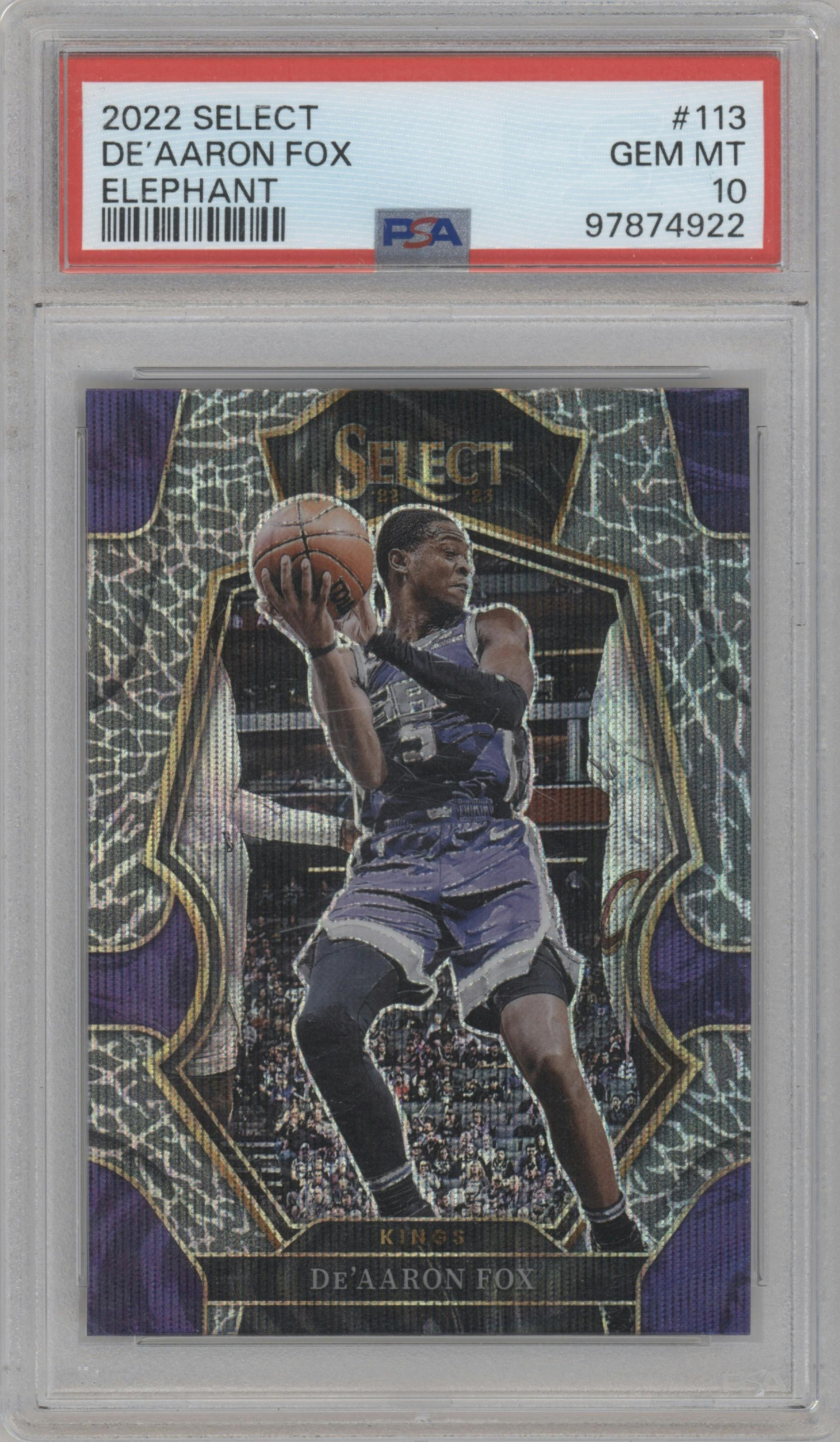 De'Aaron Fox  from the 2022-23 Panini Select set featuring a Elephant Prizm parallel graded by PSA and given an overall grade of 10.