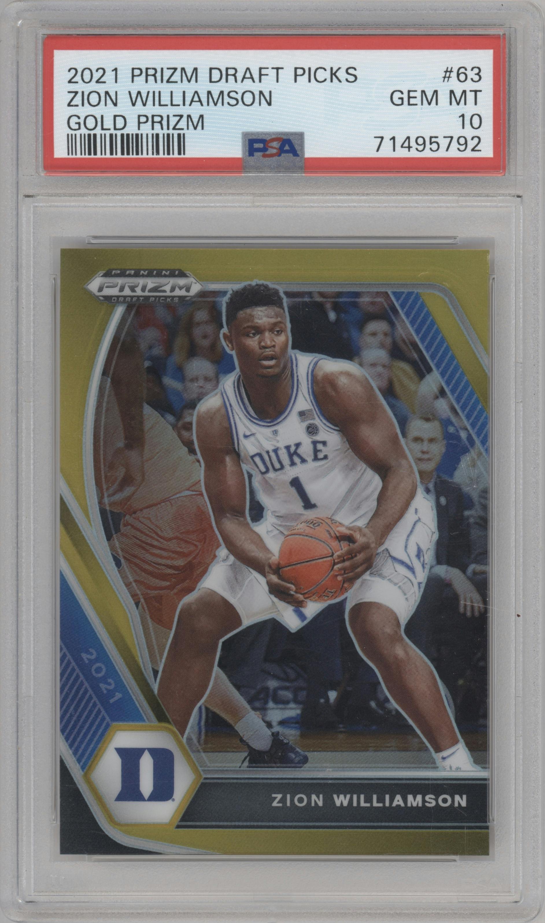 Zion Williamson from the 2021-22 Panini Prizm Draft Picks set featuring a Gold Prizm parallel graded by PSA and given an overall grade of 10.