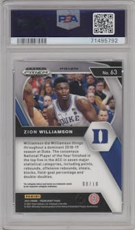 Zion Williamson from the 2021-22 Panini Prizm Draft Picks set featuring a Gold Prizm parallel graded by PSA and given an overall grade of 10.