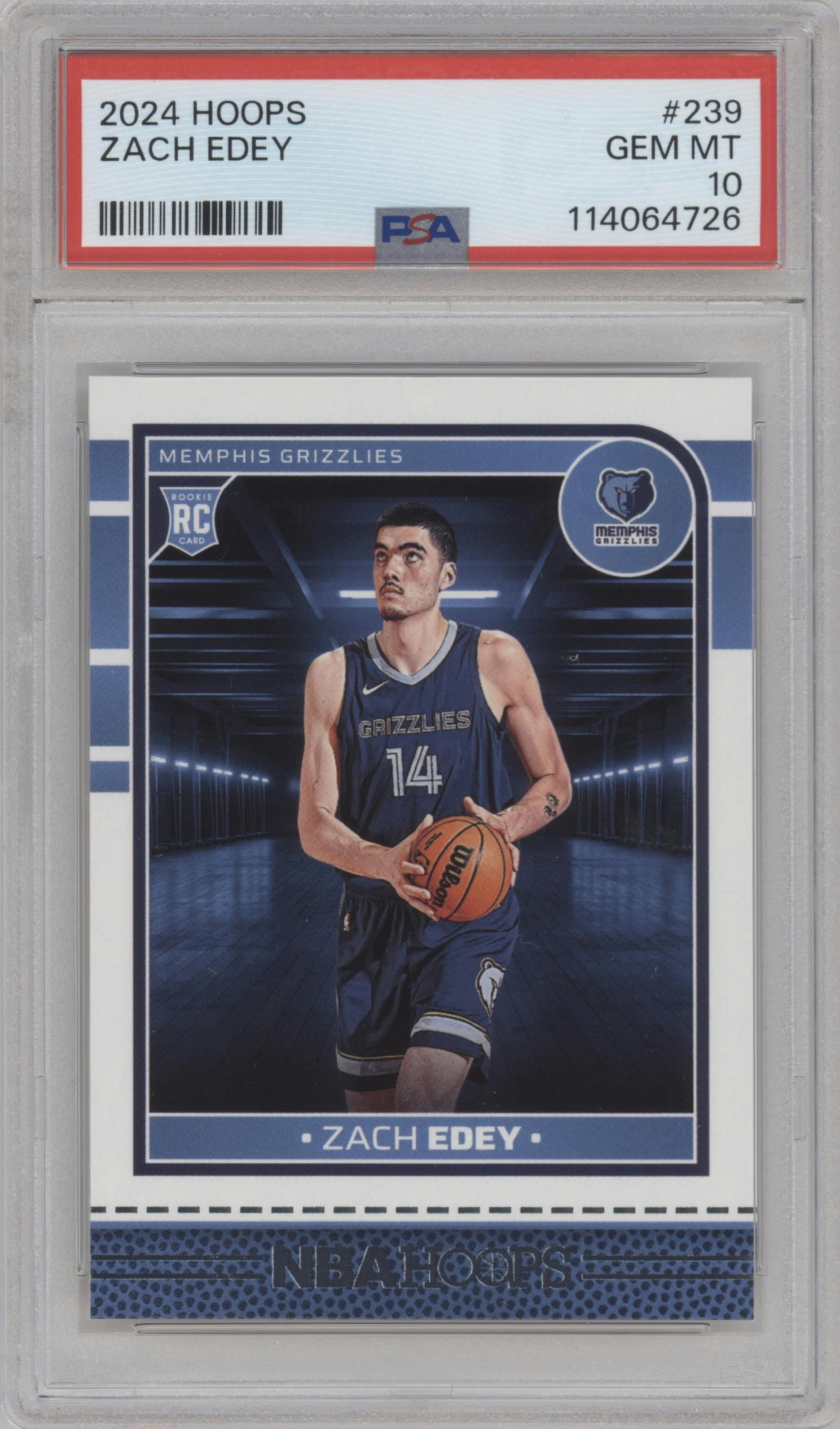 Zach Edey from the 2024-25 Panini NBA Hoops set graded by PSA and given an overall grade of 10.