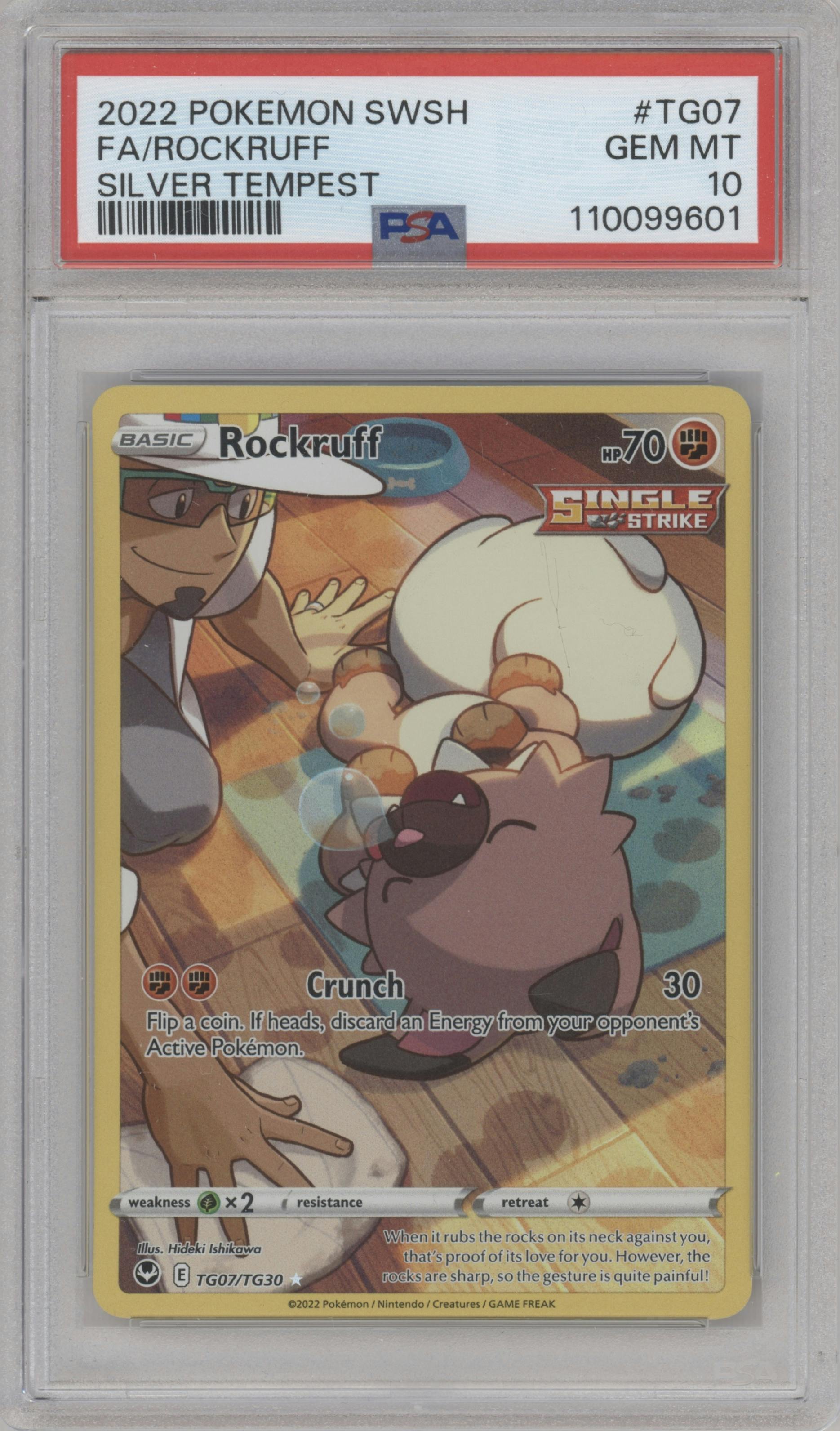 Rockruff from the 2022 Pokemon SWSH set graded by PSA and given an overall grade of 10.