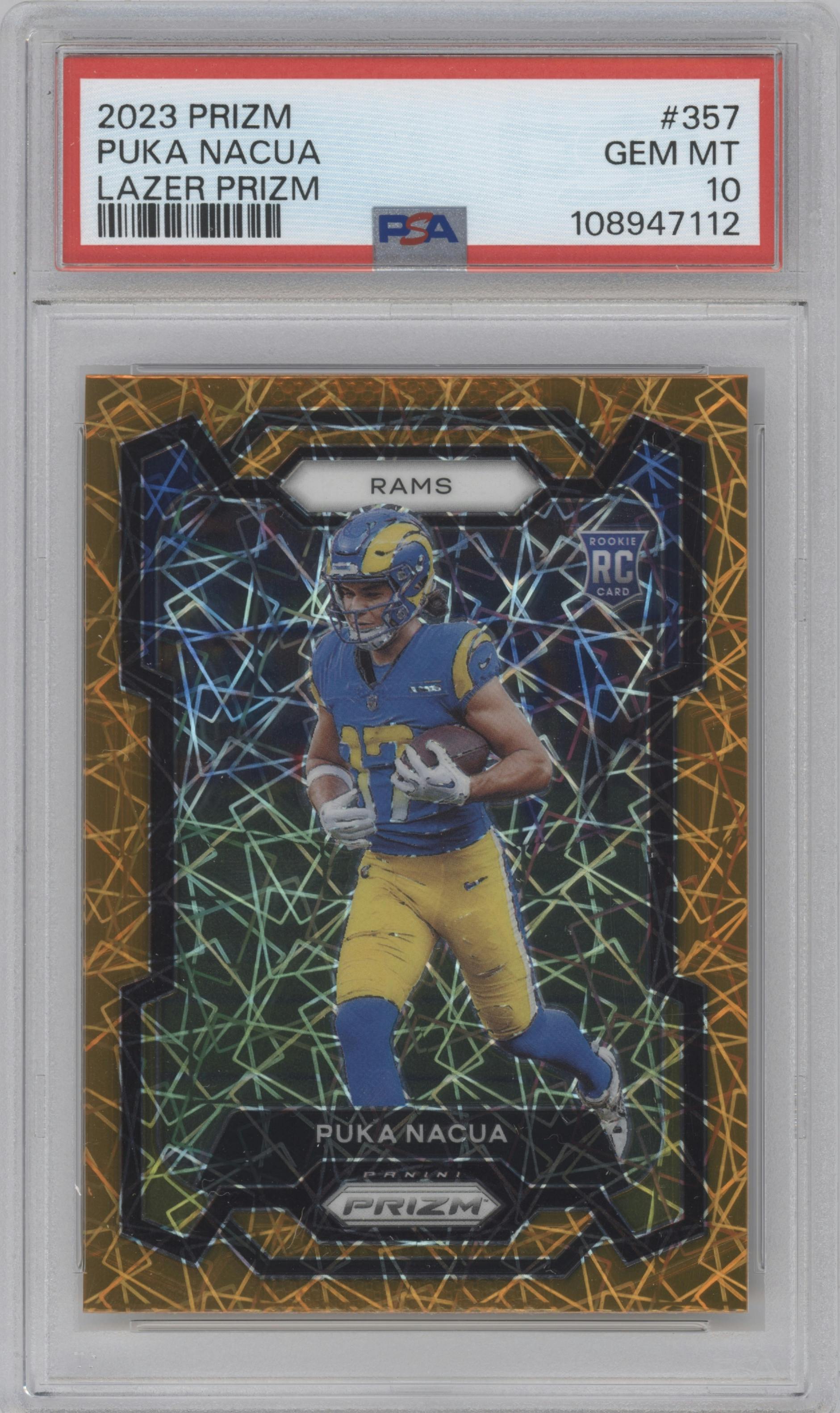 Puka Nacua from the 2023 Panini Prizm set featuring a Lazer parallel graded by PSA and given an overall grade of 10.