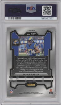 Puka Nacua from the 2023 Panini Prizm set featuring a Lazer parallel graded by PSA and given an overall grade of 10.