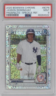 Jasson Dominguez from the 2020 Bowman set featuring a Speckle Refractor parallel graded by PSA and given an overall grade of 9.