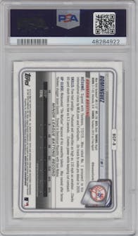 Jasson Dominguez from the 2020 Bowman set featuring a Speckle Refractor parallel graded by PSA and given an overall grade of 9.