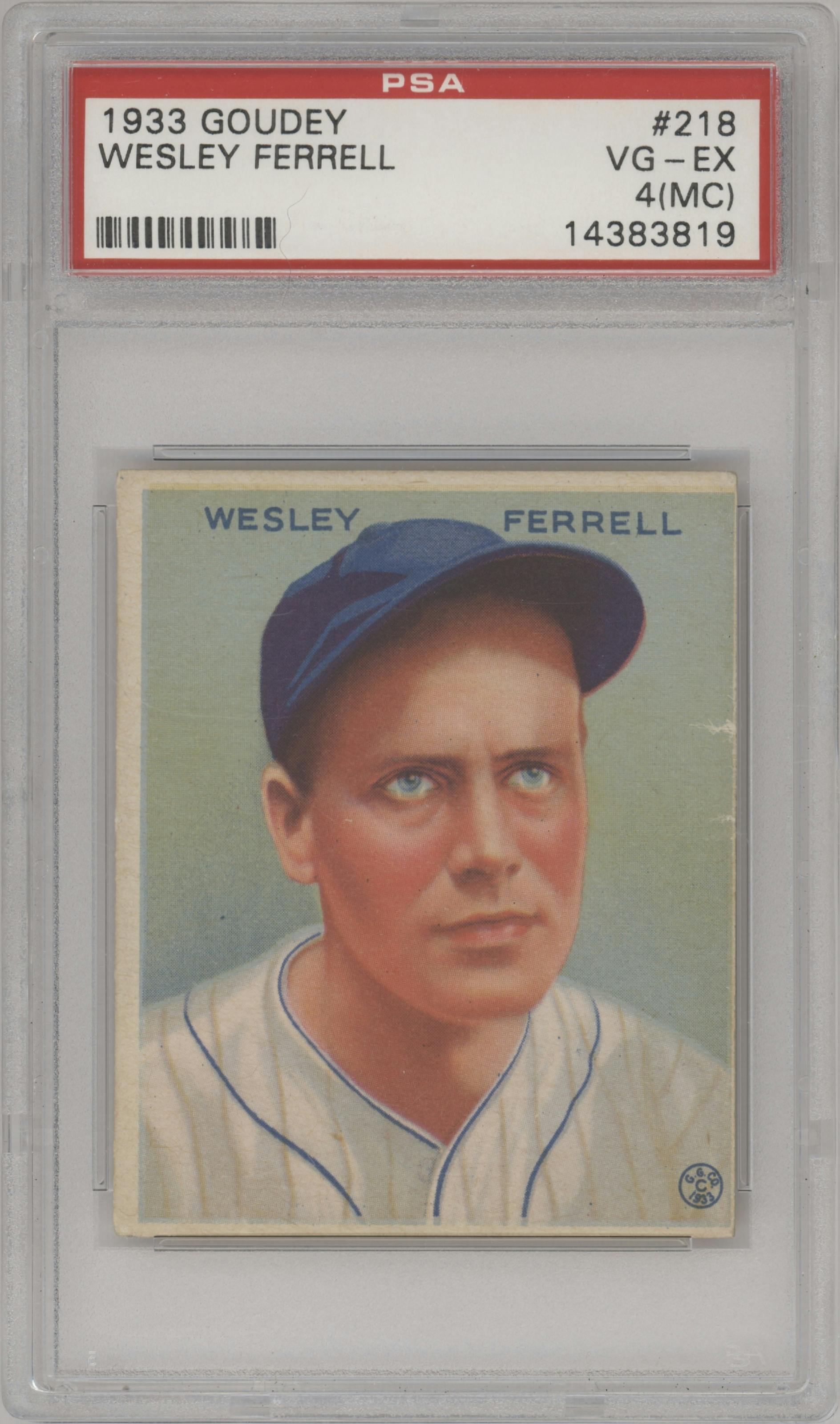 Wes Ferrell from the 1933 Goudey set graded by PSA and given an overall grade of 4.