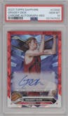 Gradey Dick from the 2023-24 Topps Chrome Sapphire set featuring a Red parallel graded by PSA and given an overall grade of 10.