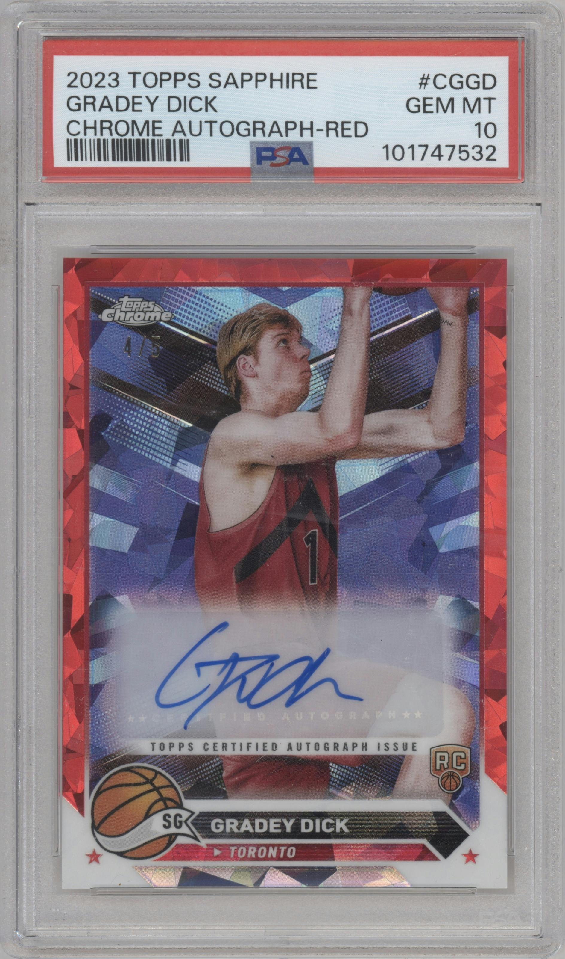 Gradey Dick from the 2023-24 Topps Chrome Sapphire set featuring a Red parallel graded by PSA and given an overall grade of 10.