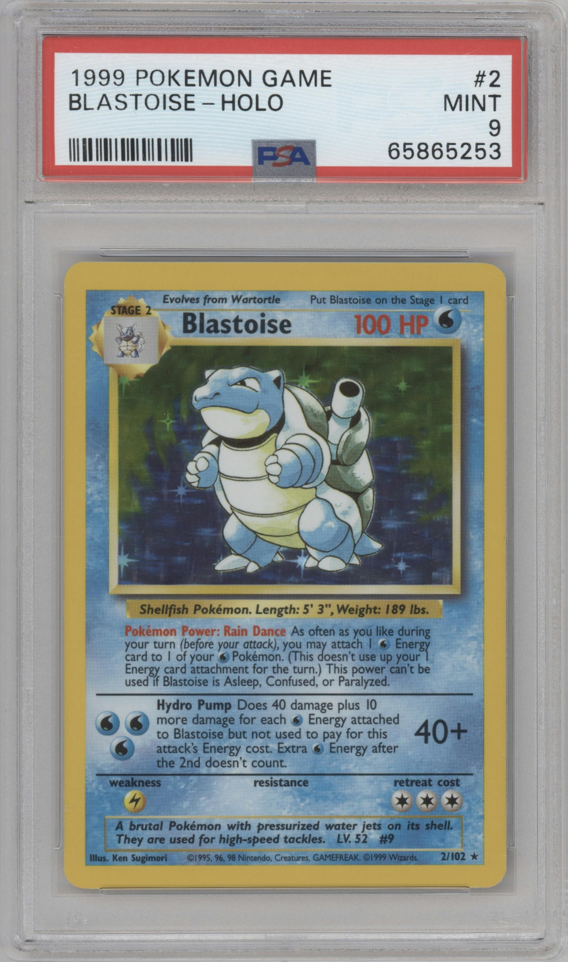 Blastoise from the 1999 Pokemon set graded by PSA and given an overall grade of 9.