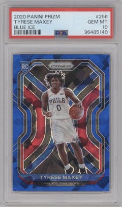 Tyrese Maxey from the 2020-21 Panini Prizm set featuring a Blue Ice parallel graded by PSA and given an overall grade of 10.