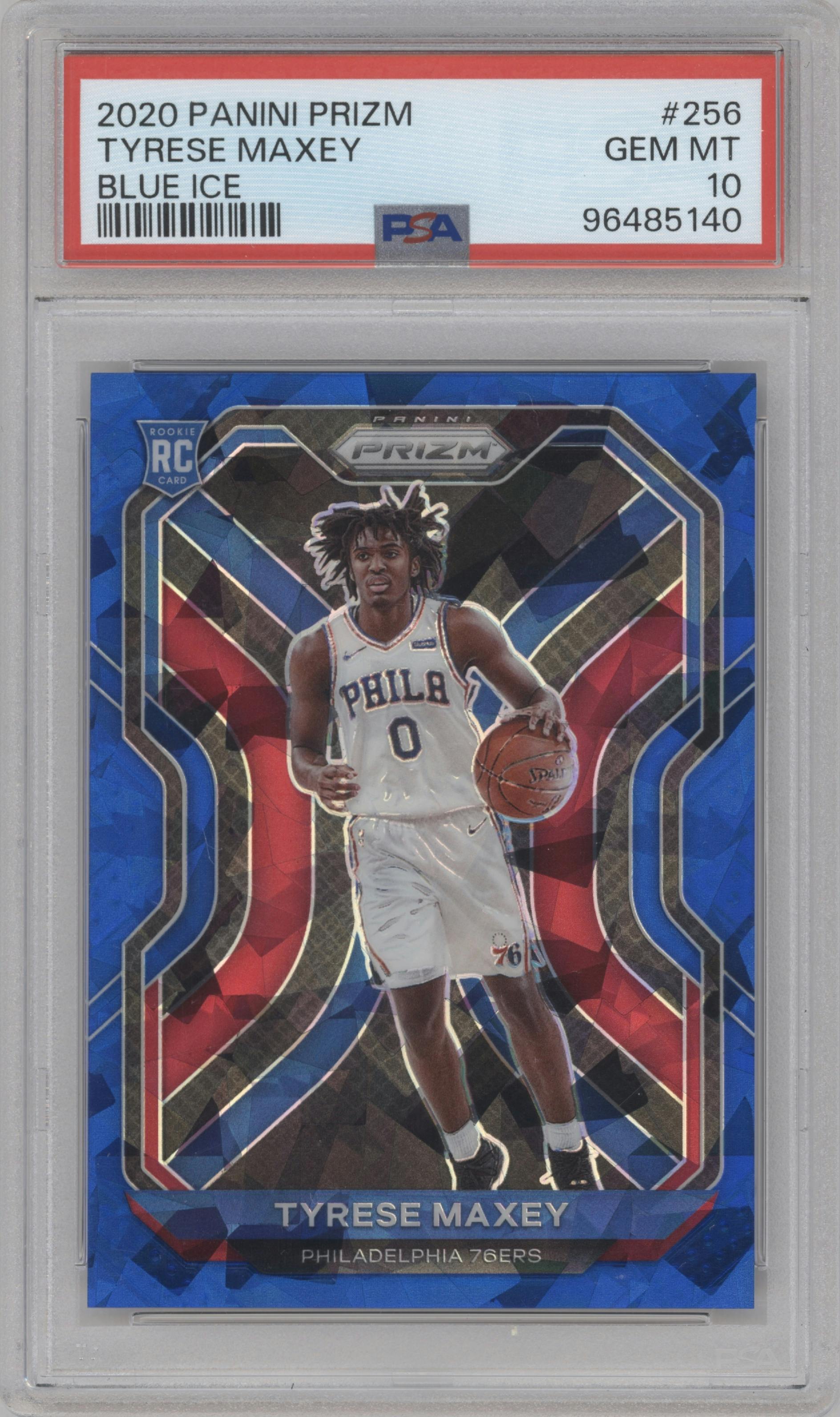 Tyrese Maxey from the 2020-21 Panini Prizm set featuring a Blue Ice parallel graded by PSA and given an overall grade of 10.