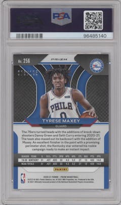 Tyrese Maxey from the 2020-21 Panini Prizm set featuring a Blue Ice parallel graded by PSA and given an overall grade of 10.
