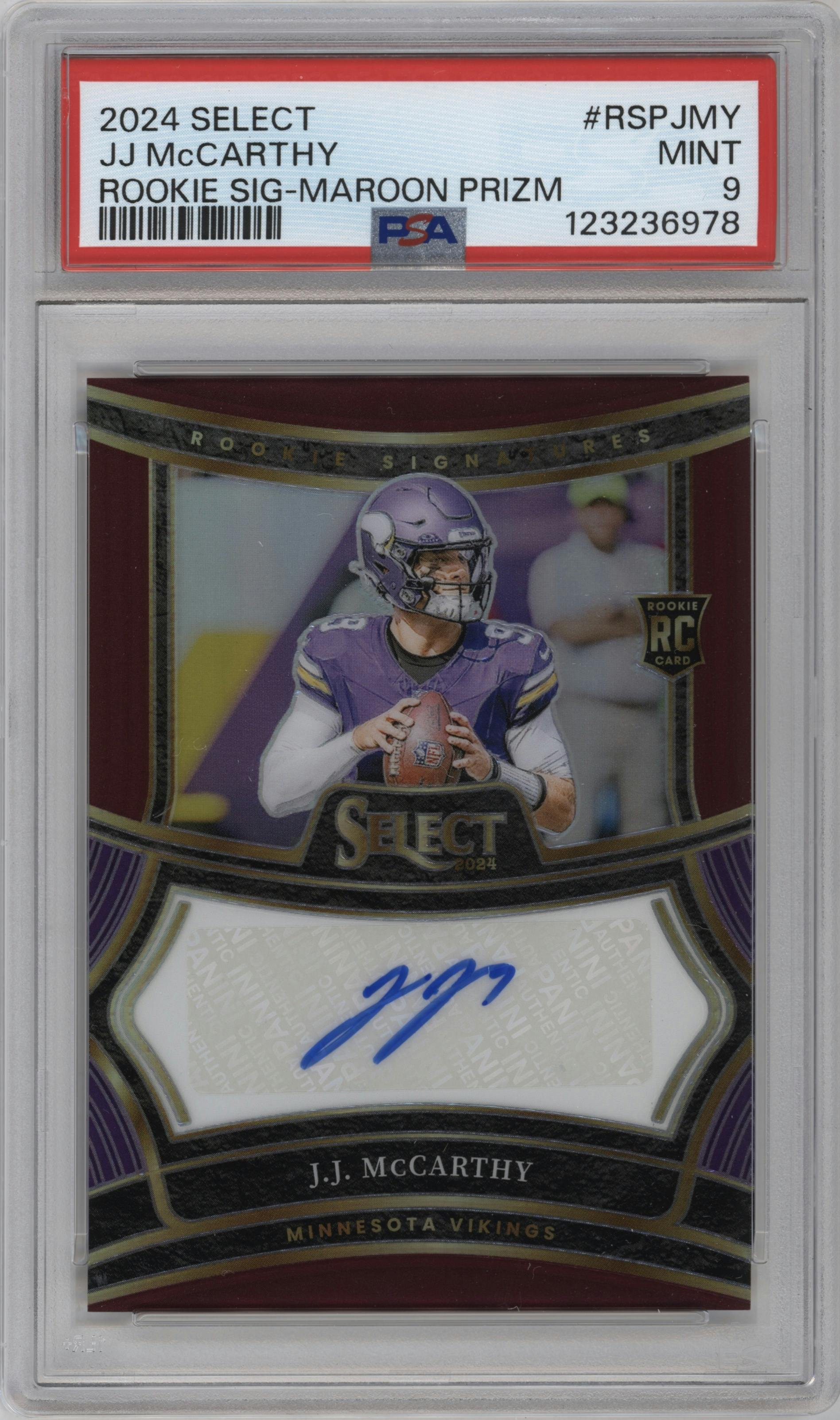J.J. McCarthy from the 2024 Panini Select set featuring a Maroon Prizm parallel graded by PSA and given an overall grade of 9.