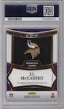 J.J. McCarthy from the 2024 Panini Select set featuring a Maroon Prizm parallel graded by PSA and given an overall grade of 9.