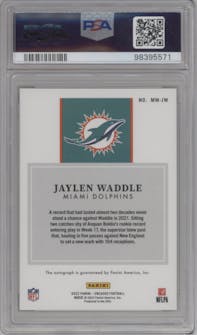 Jaylen Waddle from the 2022 Panini Encased set featuring a Sapphire parallel graded by PSA and given an overall grade of 10.