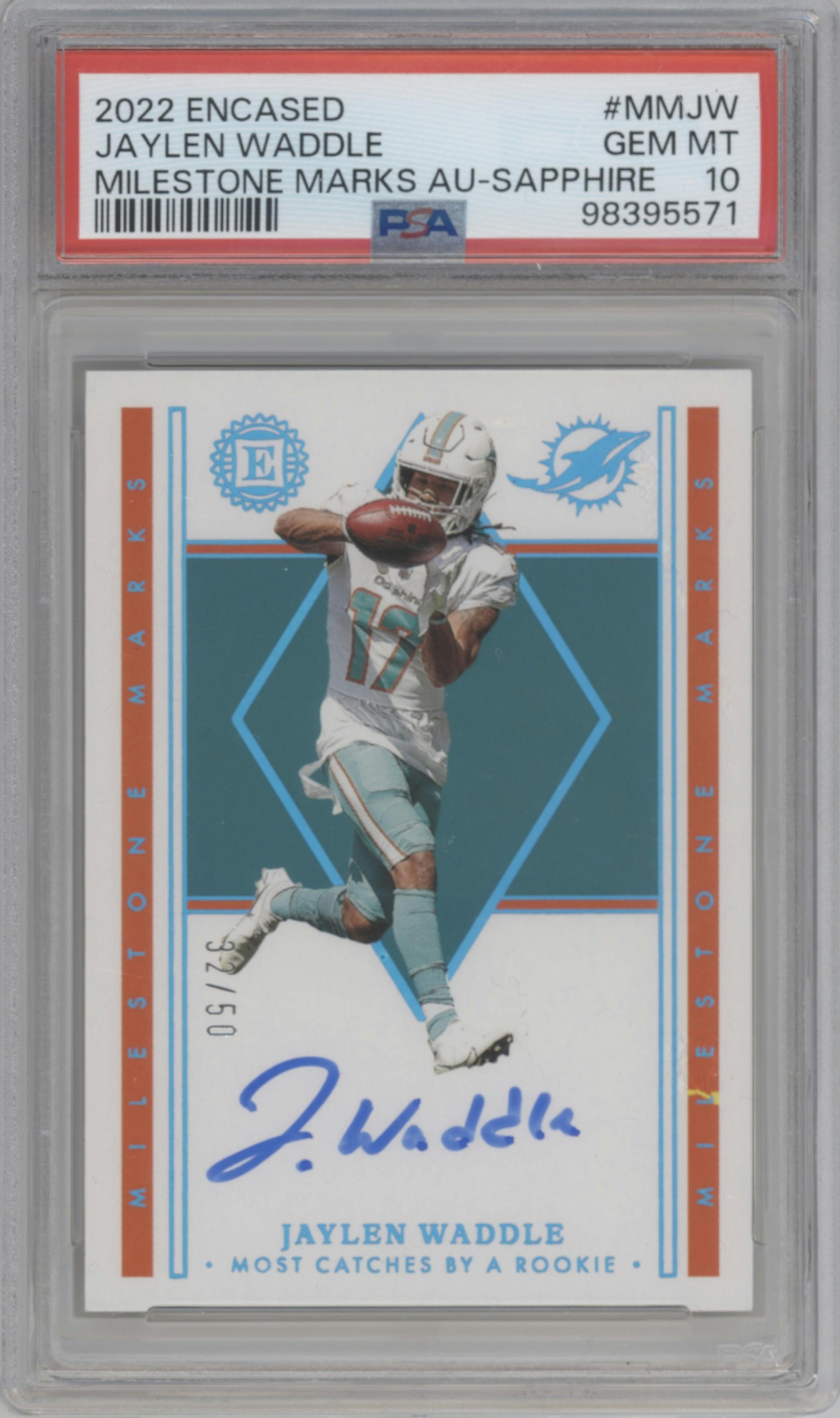 Jaylen Waddle from the 2022 Panini Encased set featuring a Sapphire parallel graded by PSA and given an overall grade of 10.