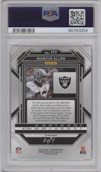 Marcus Allen from the 2022 Panini Prizm set featuring a Black Finite parallel graded by PSA and given an overall grade of 8.