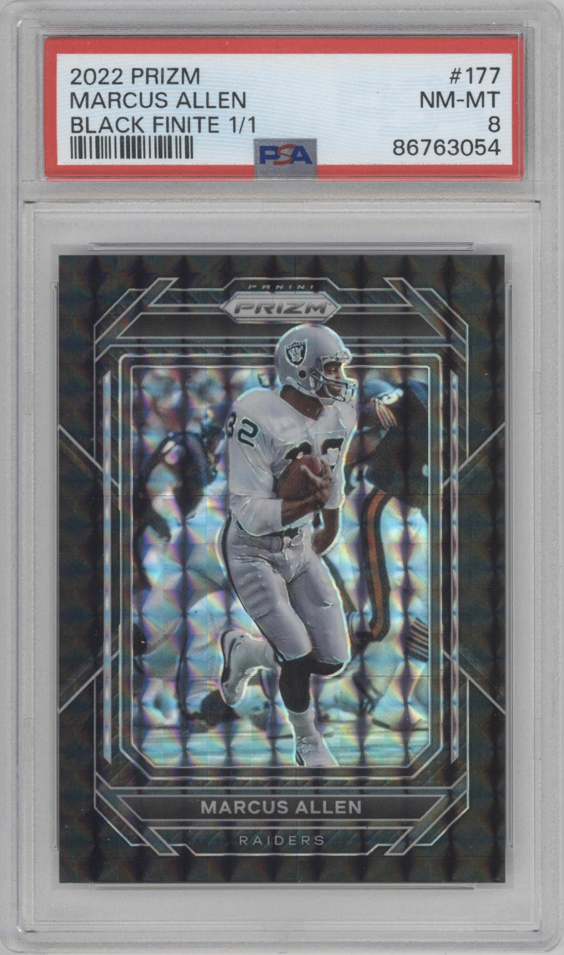 Marcus Allen from the 2022 Panini Prizm set featuring a Black Finite parallel graded by PSA and given an overall grade of 8.