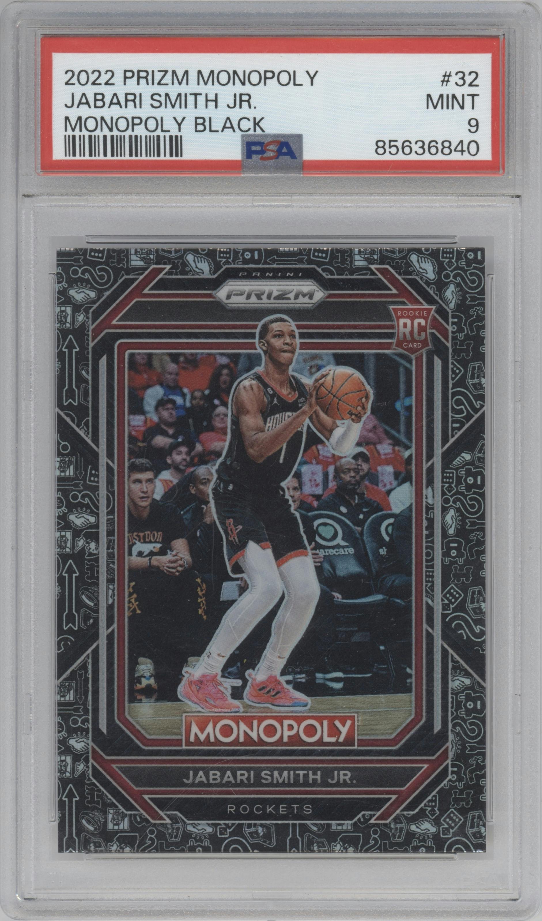 Jabari Smith Jr. from the 2022-23 Panini Prizm Monopoly set featuring a Black Classic Icons parallel graded by PSA and given an overall grade of 9.