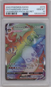 Charizard VMAX from the 2020 Pokemon SWSH set graded by PSA and given an overall grade of 10.