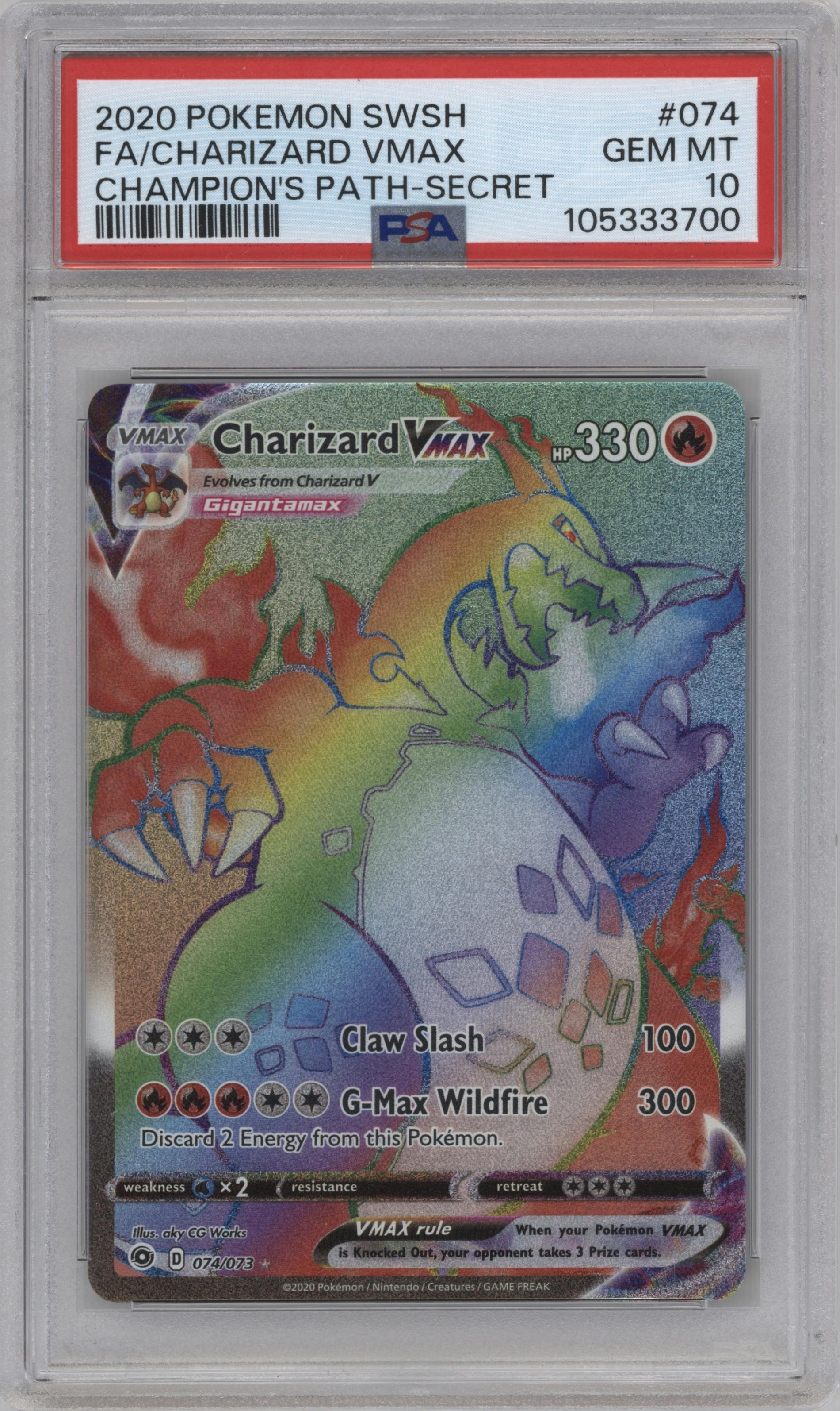 Charizard VMAX from the 2020 Pokemon SWSH set graded by PSA and given an overall grade of 10.