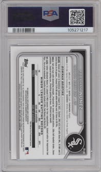 Abraham Nunez  from the 2024 Bowman Chrome set featuring a Blue Refractor parallel graded by PSA and given an overall grade of 10.