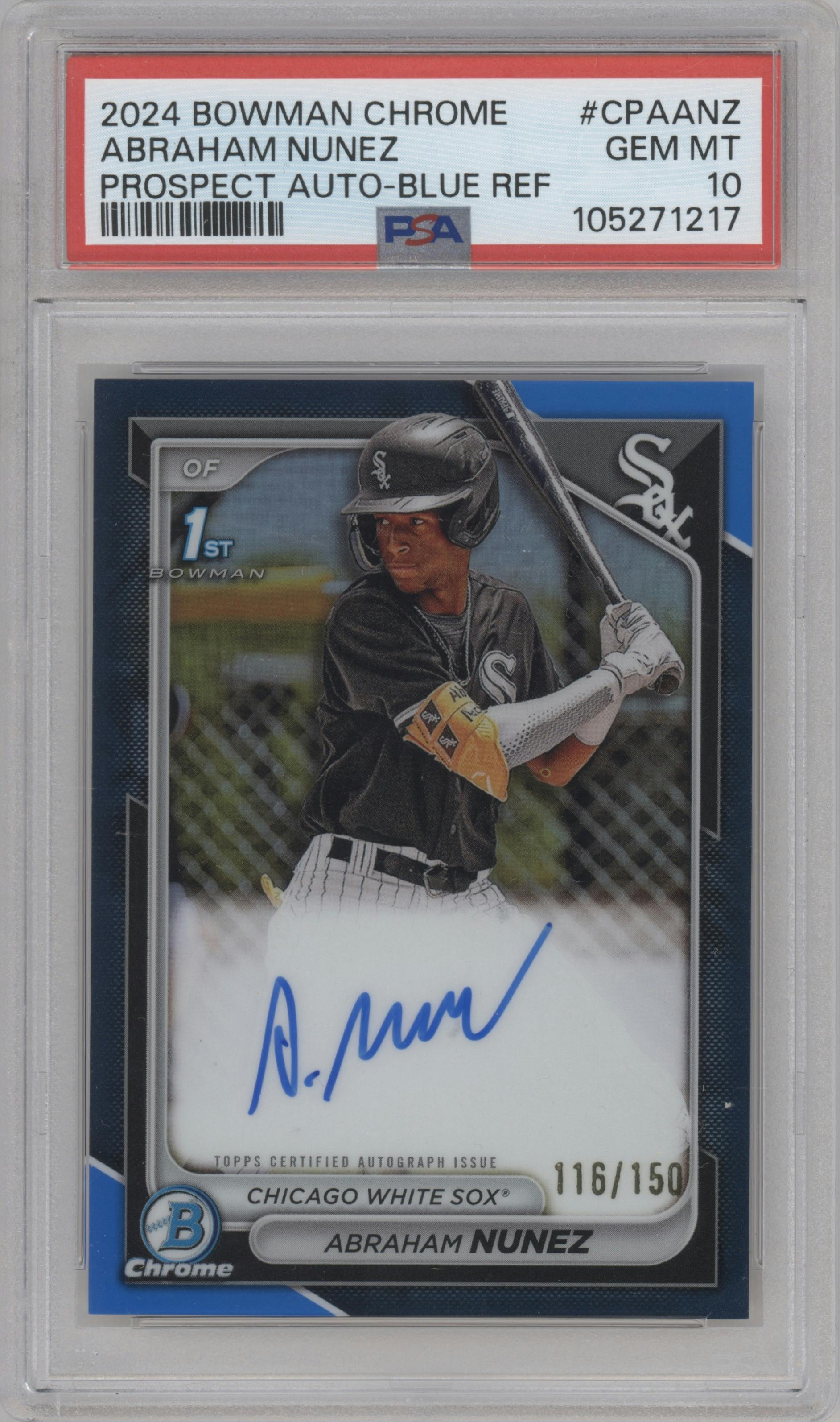 Abraham Nunez  from the 2024 Bowman Chrome set featuring a Blue Refractor parallel graded by PSA and given an overall grade of 10.