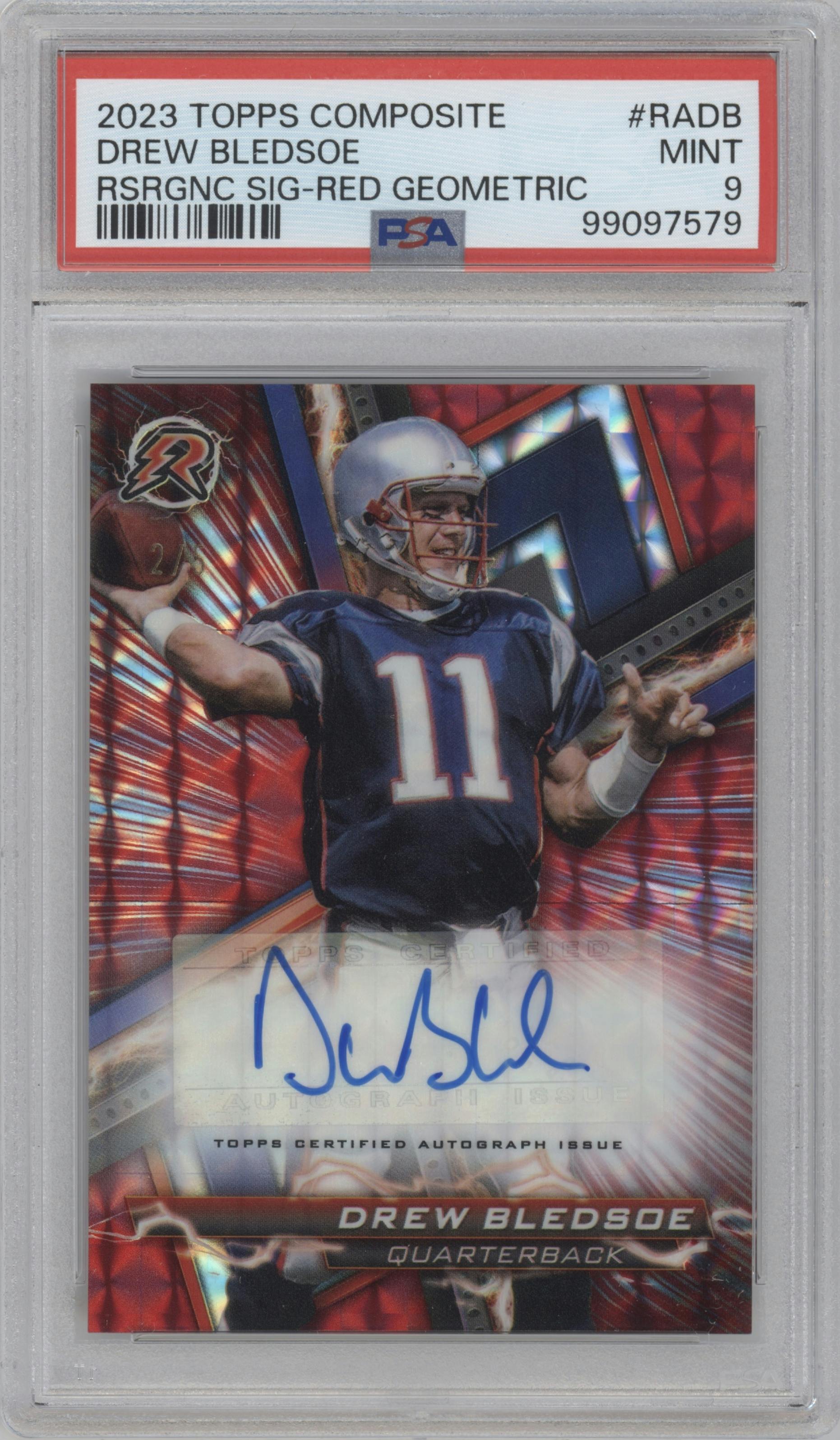 Drew Bledsoe from the 2023 Topps Composite set featuring a Red Geometric parallel graded by PSA and given an overall grade of 9.