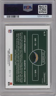 Justin Herbert/Quentin Johnston from the 2024 Donruss Optic set featuring a Gold parallel graded by PSA and given an overall grade of 10.