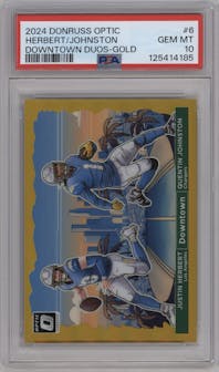 Justin Herbert/Quentin Johnston from the 2024 Donruss Optic set featuring a Gold parallel graded by PSA and given an overall grade of 10.