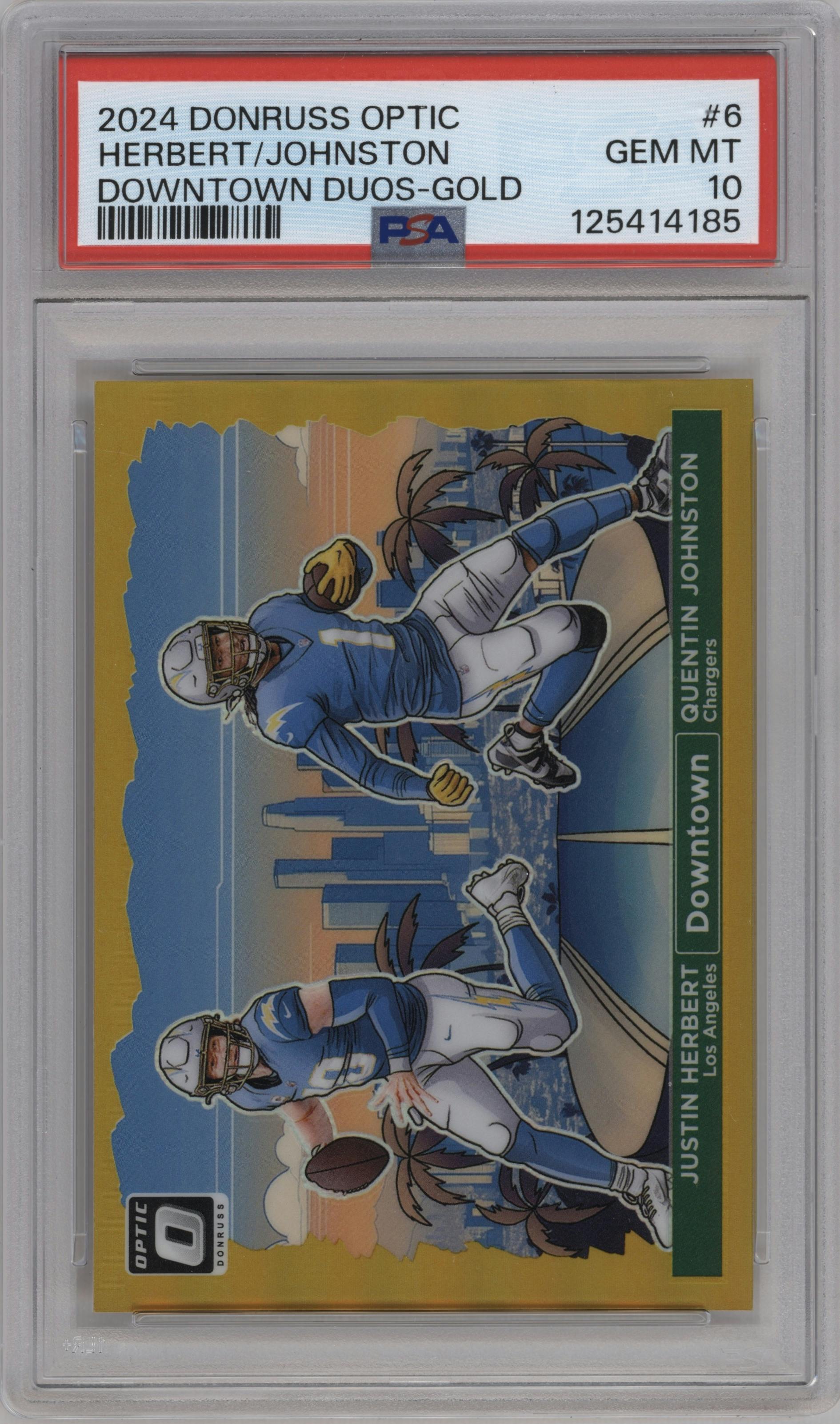 Justin Herbert/Quentin Johnston from the 2024 Donruss Optic set featuring a Gold parallel graded by PSA and given an overall grade of 10.