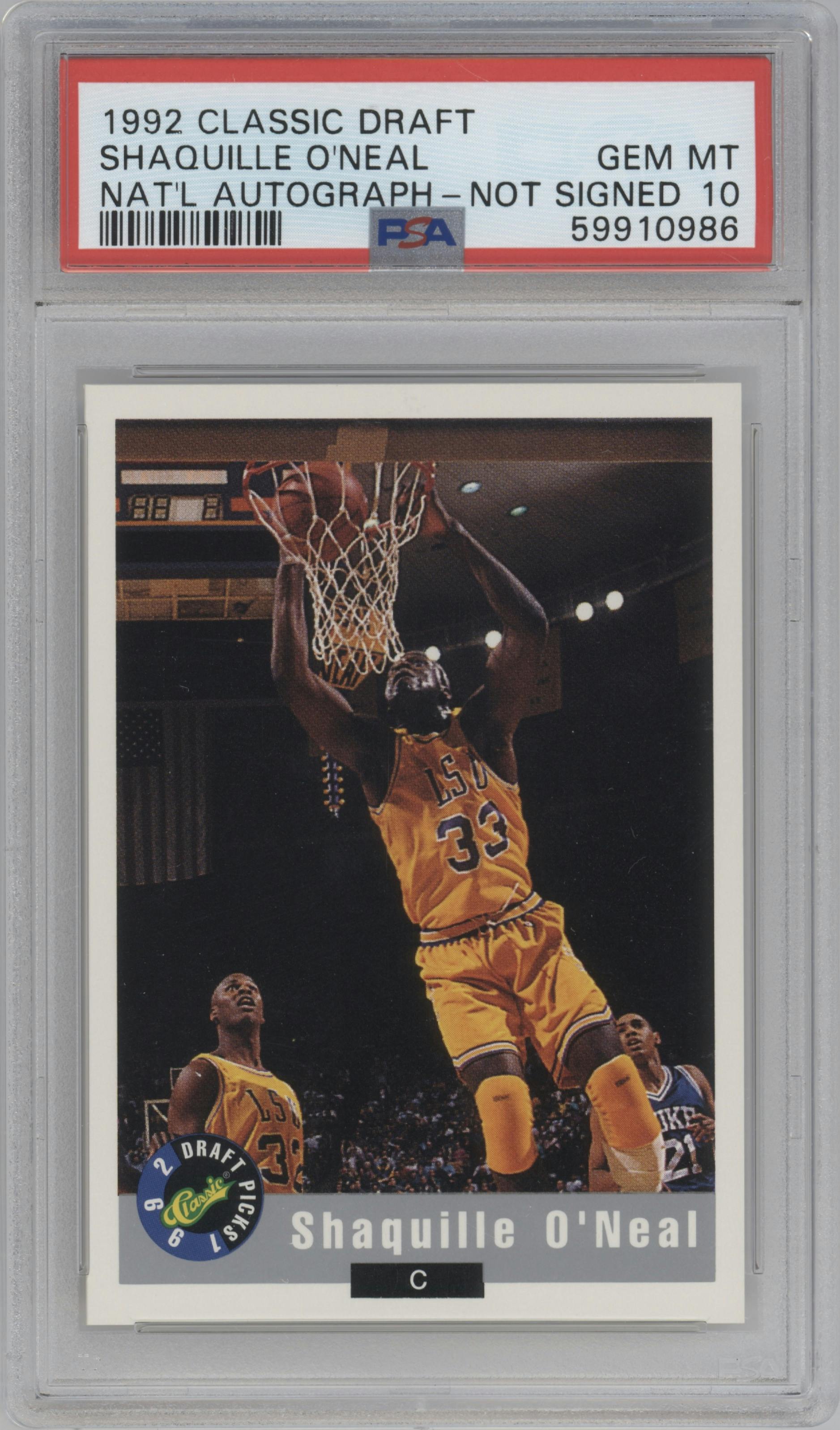 Shaquille O'Neal from the 1992-93 Classic Draft set graded by PSA and given an overall grade of 10.