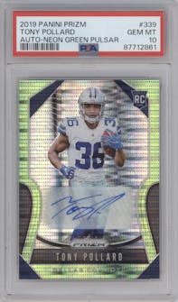 Tony Pollard from the 2019 Panini Prizm set featuring a Neon Green Pulsar parallel graded by PSA and given an overall grade of 10.