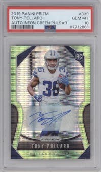 Tony Pollard from the 2019 Panini Prizm set featuring a Neon Green Pulsar parallel graded by PSA and given an overall grade of 10.