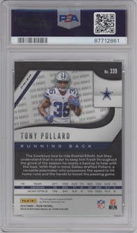 Tony Pollard from the 2019 Panini Prizm set featuring a Neon Green Pulsar parallel graded by PSA and given an overall grade of 10.